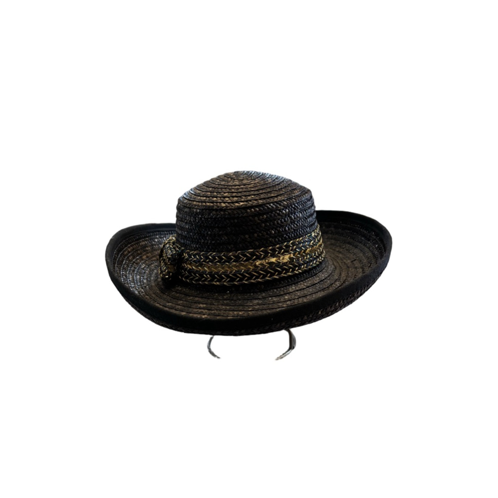 Women's Miriam Lefcourt Black Straw Hat with Gold Band, One Size